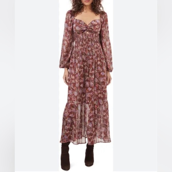 ASTR the Label Arlette Burgundy Floral Smocked Boho Midi Dress, size L - Picture 3 of 11